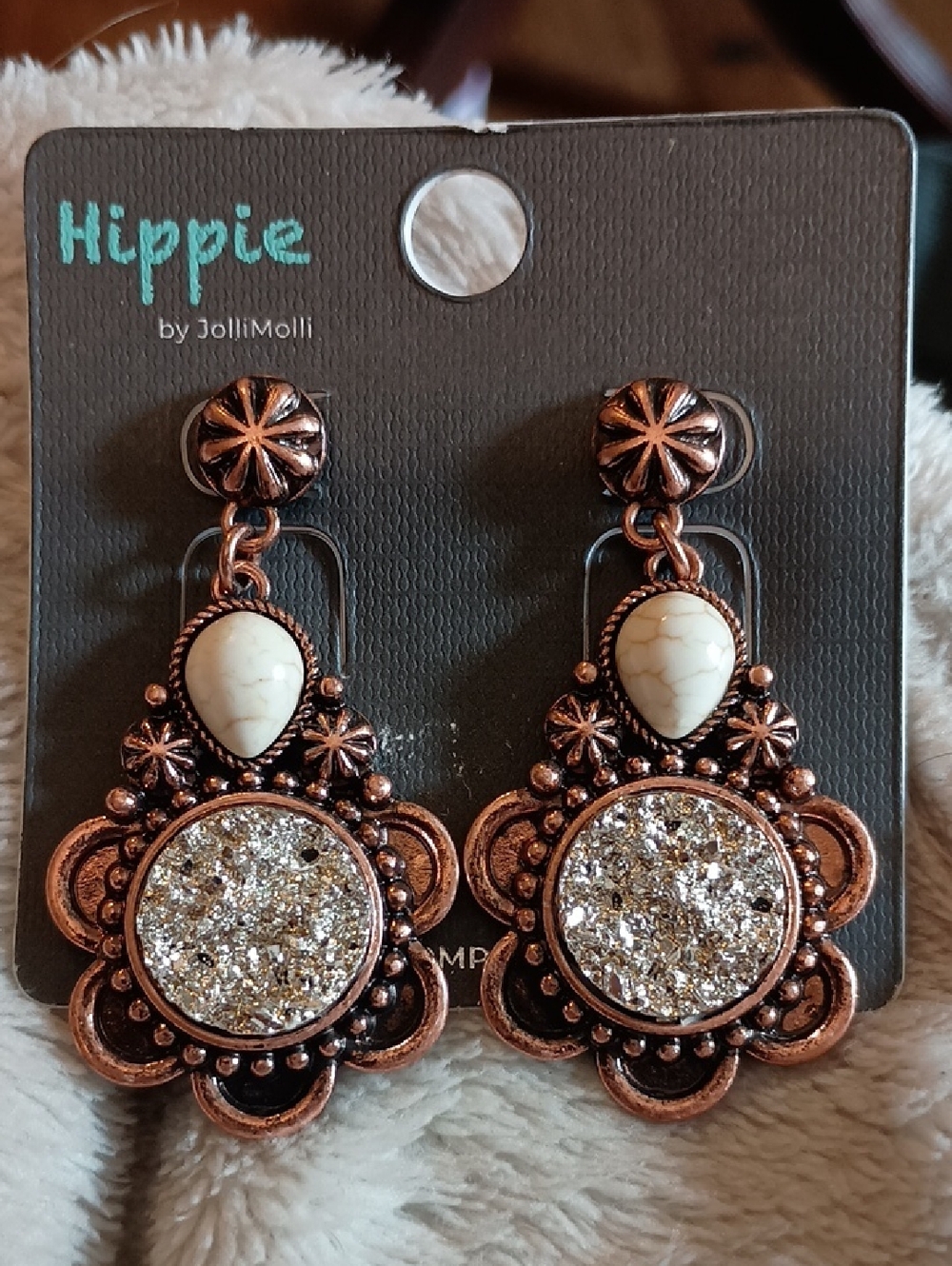 Rose Gold Druzy Drop Earrings with Cream Stone